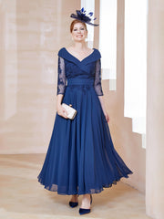 Robe en Dentelle et Mousseline Longueur au Sol à Col en V Bleu Marine Clair