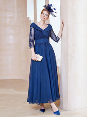 Robe en Dentelle et Mousseline Longueur au Sol à Col en V Bleu Marine Clair Grande Taille