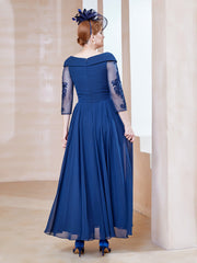 Robe en Dentelle et Mousseline Longueur au Sol à Col en V Bleu Marine Clair