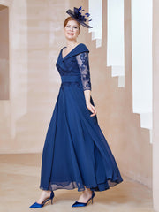 Robe en Dentelle et Mousseline Longueur au Sol à Col en V Bleu Marine Clair Grande Taille