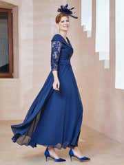 Robe en Dentelle et Mousseline Longueur au Sol à Col en V Bleu Marine Clair