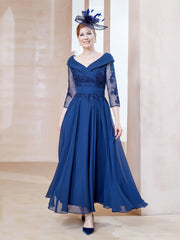 Robe en Dentelle et Mousseline Longueur au Sol à Col en V Bleu Marine Clair