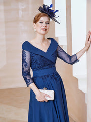 Robe en Dentelle et Mousseline Longueur au Sol à Col en V Bleu Marine Clair