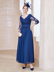 Robe en Dentelle et Mousseline Longueur au Sol à Col en V Bleu Marine Clair