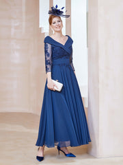 Robe en Dentelle et Mousseline Longueur au Sol à Col en V Bleu Marine Clair