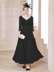 Robe en Dentelle et Mousseline Longueur au Sol à Col en V Noir Grande Taille