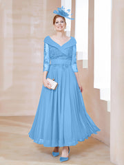 Robe en Dentelle et Mousseline Longueur au Sol à Col en V Bleu Grande Taille
