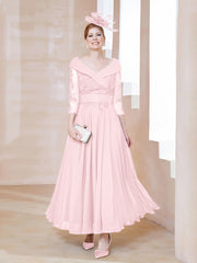 Robe en Dentelle et Mousseline Longueur au Sol à Col en V Rose Pâle