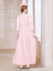 Robe en Dentelle et Mousseline Longueur au Sol à Col en V Rose Pâle