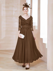 Robe en Dentelle et Mousseline Longueur au Sol à Col en V Brun Grande Taille