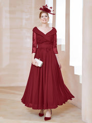 Robe en Dentelle et Mousseline Longueur au Sol à Col en V Bordeaux