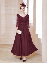 Robe en Dentelle et Mousseline Longueur au Sol à Col en V Cabernet Grande Taille