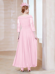 Robe en Dentelle et Mousseline Longueur au Sol à Col en V Rose Bonbon Grande Taille