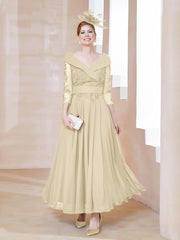 Robe en Dentelle et Mousseline Longueur au Sol à Col en V Champagne Grande Taille