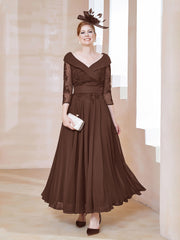 Robe en Dentelle et Mousseline Longueur au Sol à Col en V Chocolat Grande Taille