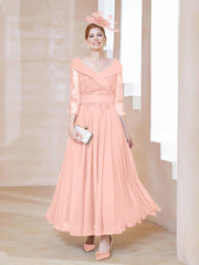 Robe en Dentelle et Mousseline Longueur au Sol à Col en V Corail Grande Taille