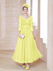 Robe en Dentelle et Mousseline Longueur au Sol à Col en V Jonquille Grande Taille