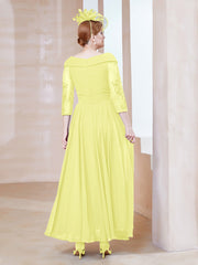 Robe en Dentelle et Mousseline Longueur au Sol à Col en V Jonquille