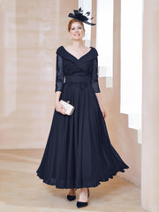 Robe en Dentelle et Mousseline Longueur au Sol à Col en V Bleu Marine Grande Taille