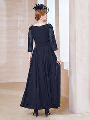 Robe en Dentelle et Mousseline Longueur au Sol à Col en V Bleu Marine Grande Taille