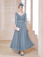Robe en Dentelle et Mousseline Longueur au Sol à Col en V Bleu Poudré