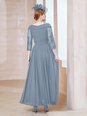 Robe en Dentelle et Mousseline Longueur au Sol à Col en V Bleu Poudré