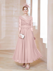 Robe en Dentelle et Mousseline Longueur au Sol à Col en V Rose Poudré Grande Taille
