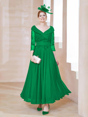 Robe en Dentelle et Mousseline Longueur au Sol à Col en V Emeraude