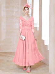 Robe en Dentelle et Mousseline Longueur au Sol à Col en V Flamant