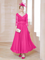 Robe en Dentelle et Mousseline Longueur au Sol à Col en V Fuchsia Grande Taille