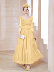 Robe en Dentelle et Mousseline Longueur au Sol à Col en V Or