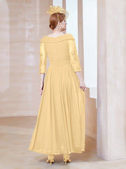 Robe en Dentelle et Mousseline Longueur au Sol à Col en V Or