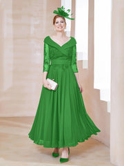 Robe en Dentelle et Mousseline Longueur au Sol à Col en V Vert