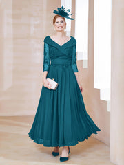 Robe en Dentelle et Mousseline Longueur au Sol à Col en V Bleu Encre Grande Taille