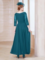 Robe en Dentelle et Mousseline Longueur au Sol à Col en V Bleu Encre