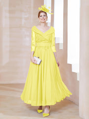 Robe en Dentelle et Mousseline Longueur au Sol à Col en V Citron Grande Taille