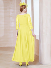 Robe en Dentelle et Mousseline Longueur au Sol à Col en V Citron Grande Taille