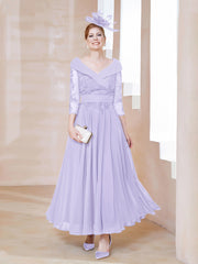 Robe en Dentelle et Mousseline Longueur au Sol à Col en V Lilas