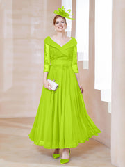Robe en Dentelle et Mousseline Longueur au Sol à Col en V Vert Citron Grande Taille