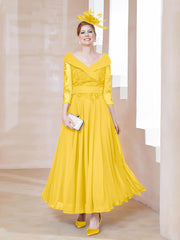 Robe en Dentelle et Mousseline Longueur au Sol à Col en V Souci