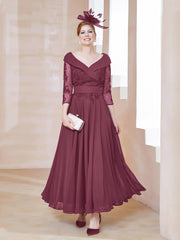 Robe en Dentelle et Mousseline Longueur au Sol à Col en V Mûre Grande Taille