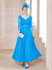 Robe en Dentelle et Mousseline Longueur au Sol à Col en V Bleu Océan Grande Taille