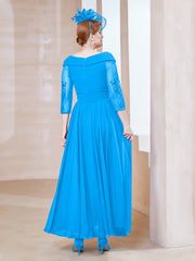 Robe en Dentelle et Mousseline Longueur au Sol à Col en V Bleu Océan Grande Taille