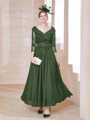 Robe en Dentelle et Mousseline Longueur au Sol à Col en V Olive Verte Grande Taille