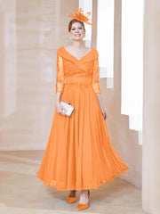 Robe en Dentelle et Mousseline Longueur au Sol à Col en V Orange Grande Taille