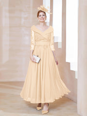 Robe en Dentelle et Mousseline Longueur au Sol à Col en V Pêche