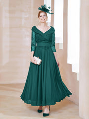 Robe en Dentelle et Mousseline Longueur au Sol à Col en V Paon Grande Taille