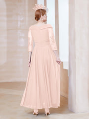 Robe en Dentelle et Mousseline Longueur au Sol à Col en V Rose Perle Grande Taille