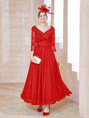 Robe en Dentelle et Mousseline Longueur au Sol à Col en V Rouge