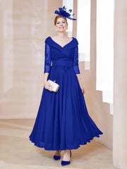 Robe en Dentelle et Mousseline Longueur au Sol à Col en V Bleu Royale Grande Taille
